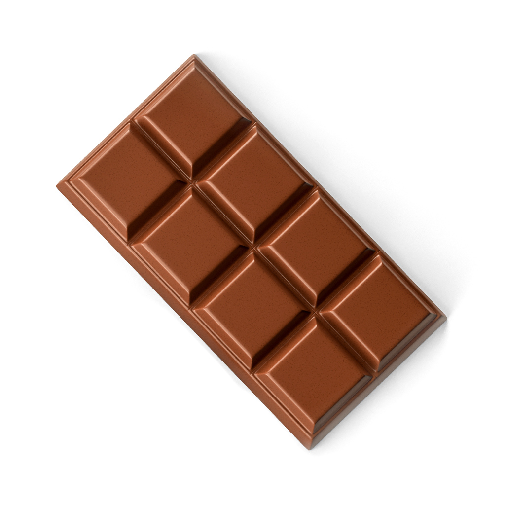 Chocolate bar with eight squares on a white background