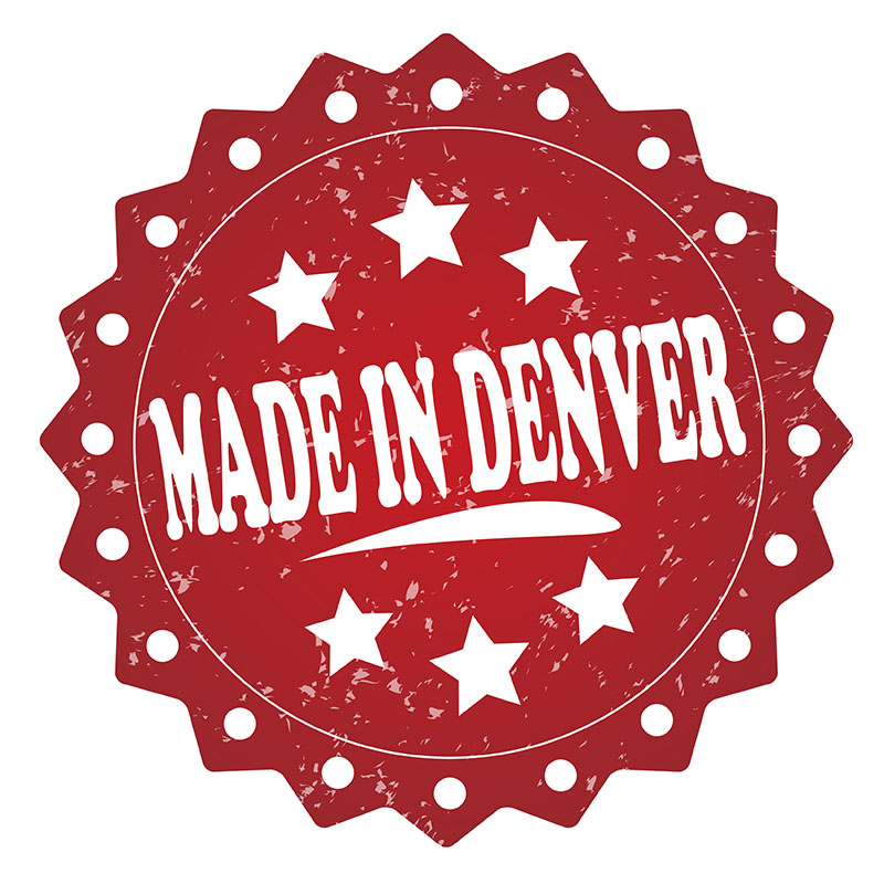 Red and white seal that says Made in Denver