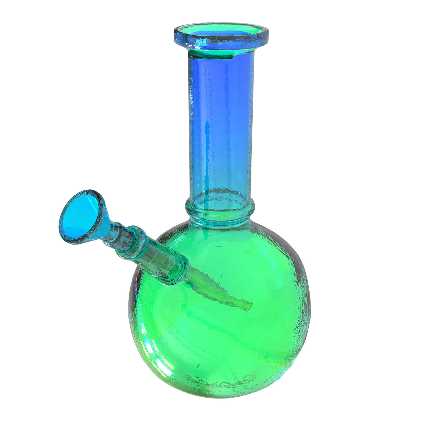 Blue and green glass bong on a white background