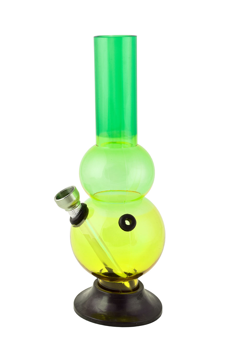 Green and yellow glass bong on a white background