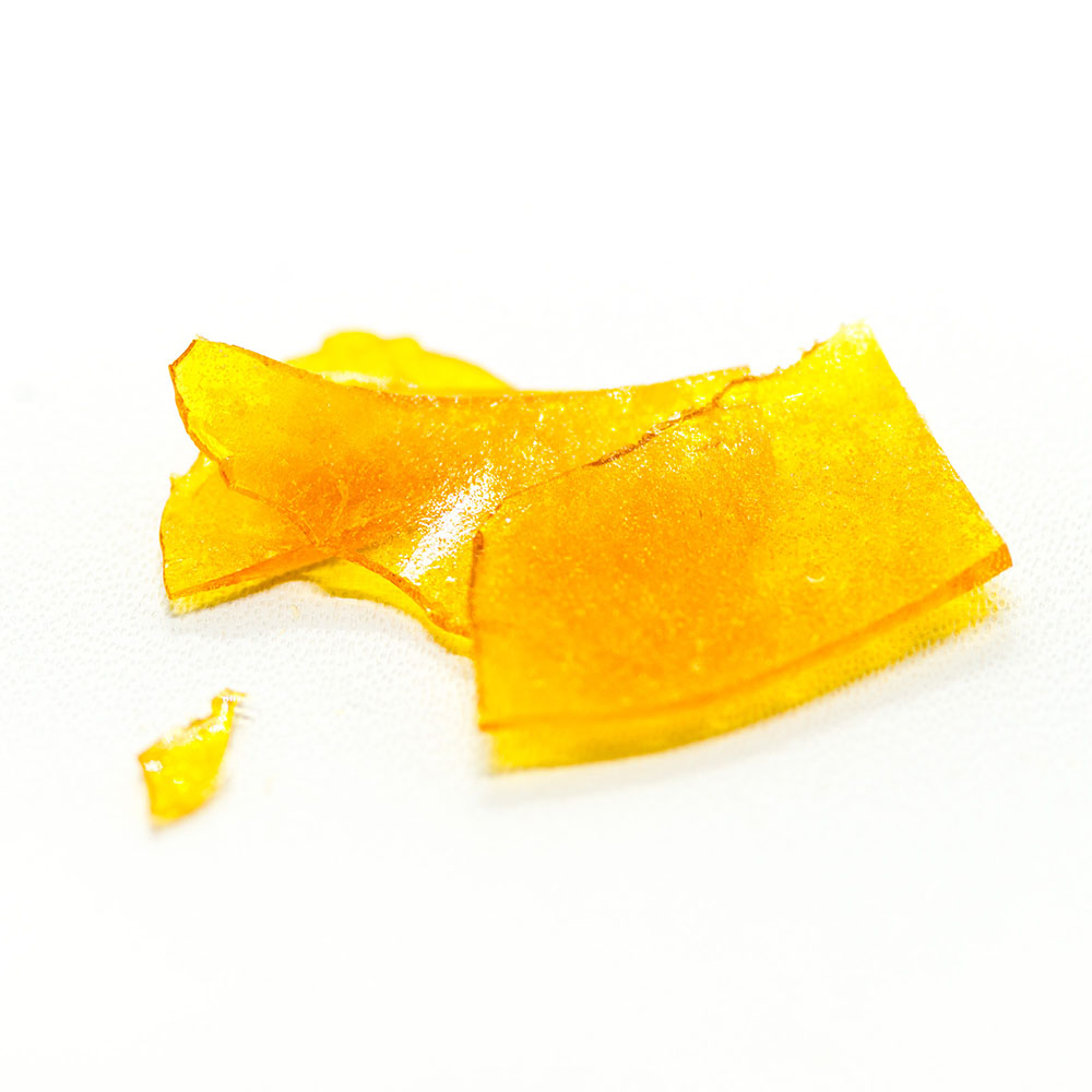 Pieces of shatter concentrate on a white background