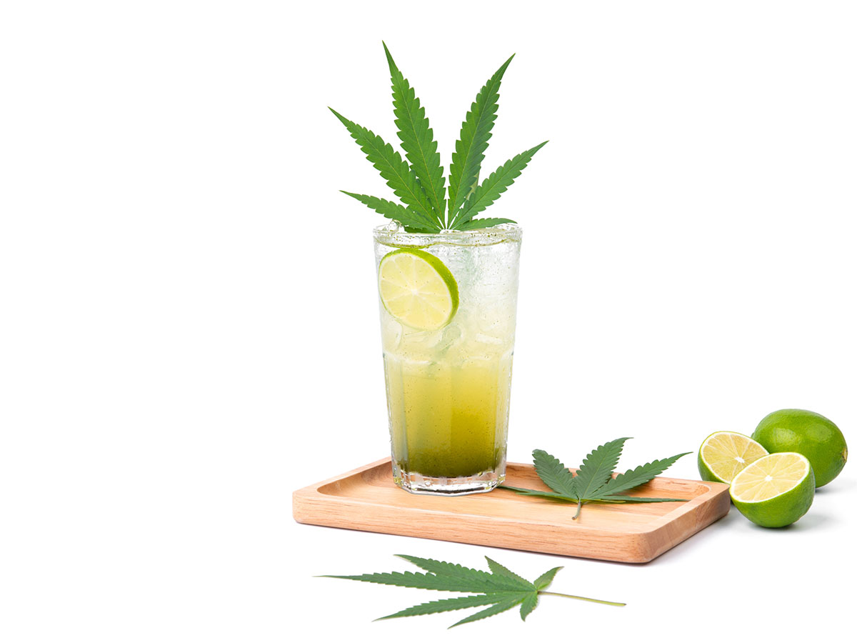 Tall glass of seltzer with limes floating in it and a cannabis leaf sticking out of the top