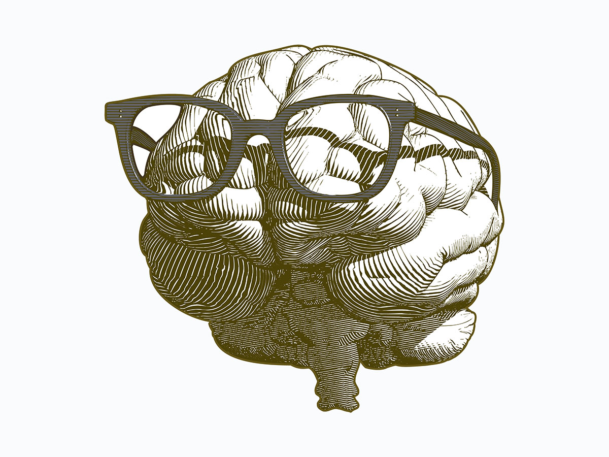 An illustration of a human brain wearing glasses.