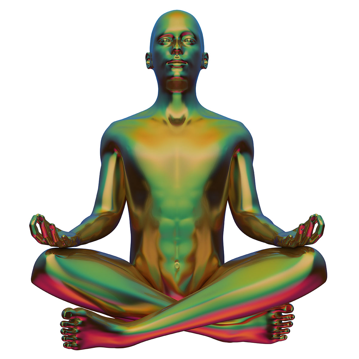 A technicolor figure sits in a meditation pose on a white background.