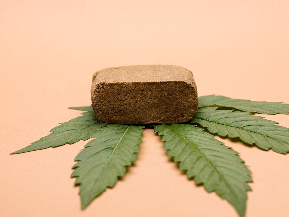 A block of solid hashish sits atop a cannabis leaf