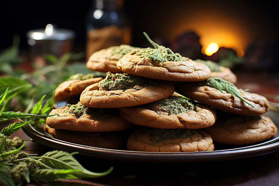 Pile of cookies with cannabis flower on top of each cookie