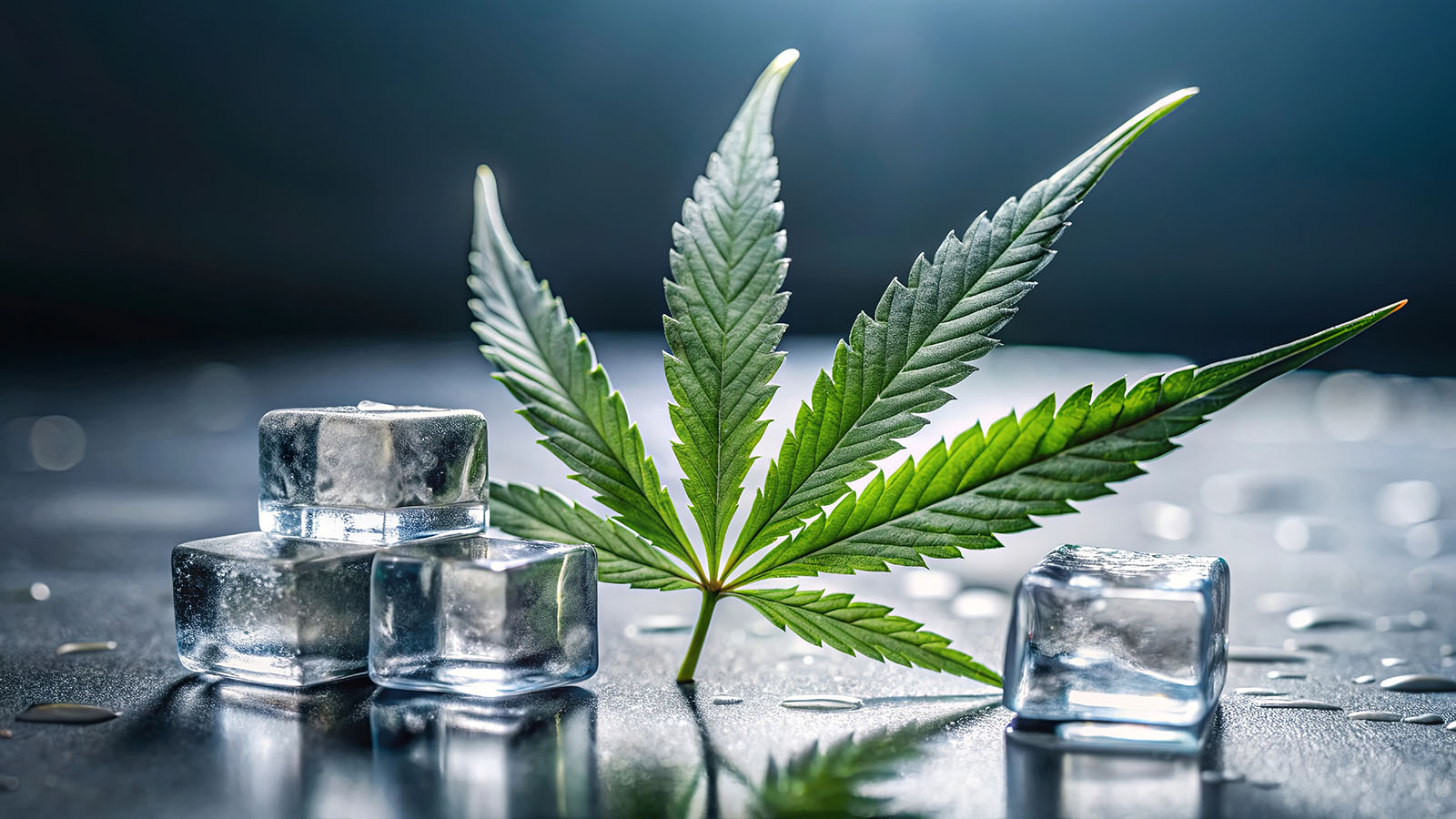 Cannabis leaf in between two ice cubes