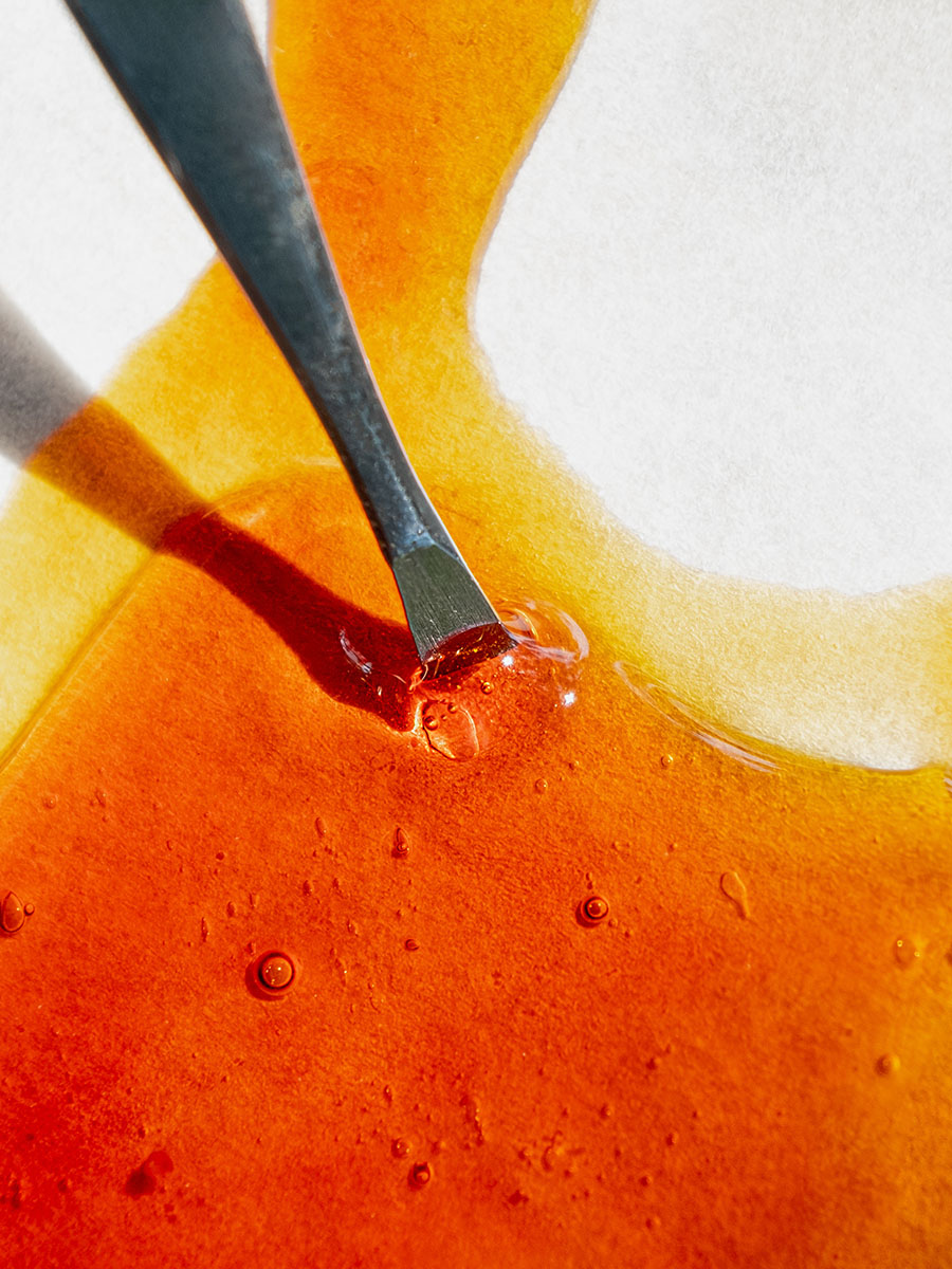 Live resin being scooped off paper with a metal dab tool