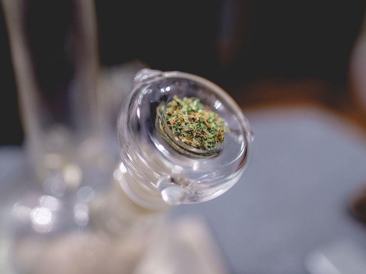 Closeup on ground flower packed into the bowl of a bong