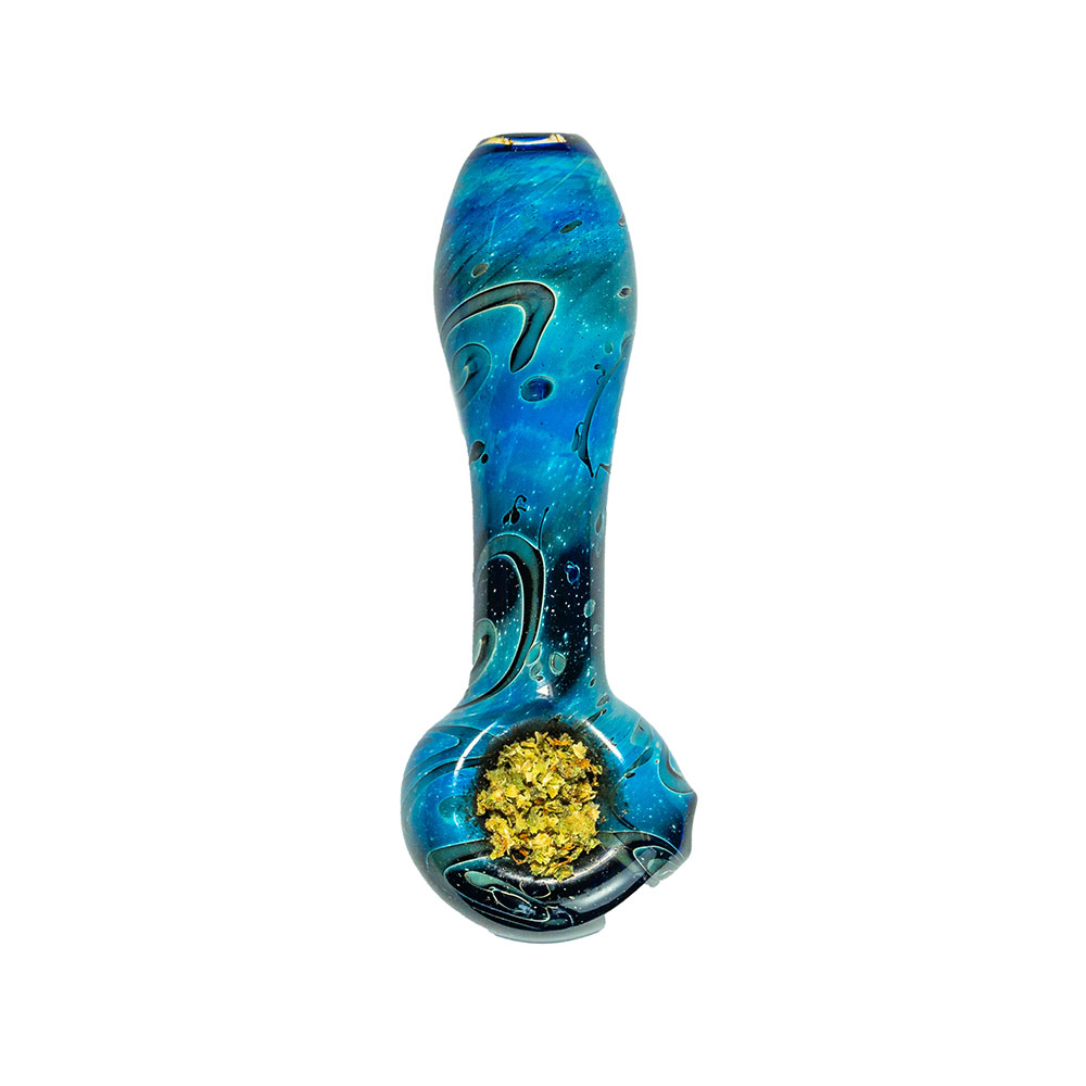 Blue glass hand pipe with cannabis in the bowl