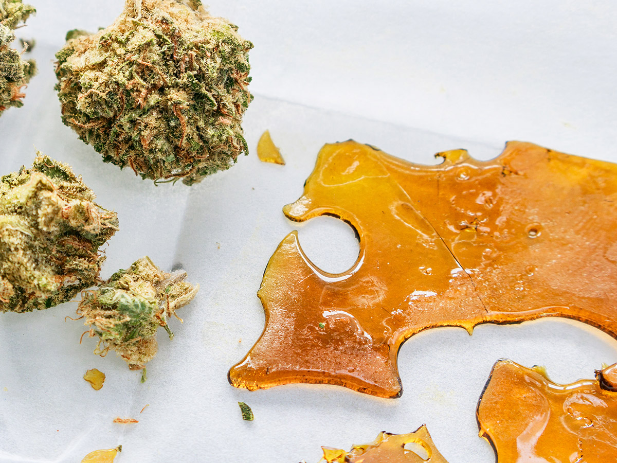 A piece of shatter on a table next to several buds of flower