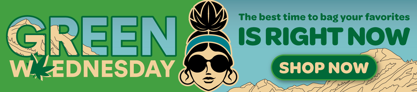 Banner with dudette and mountains with bag icon that says Green Wednesday The best time to bag your favorites is right now. Shop Now