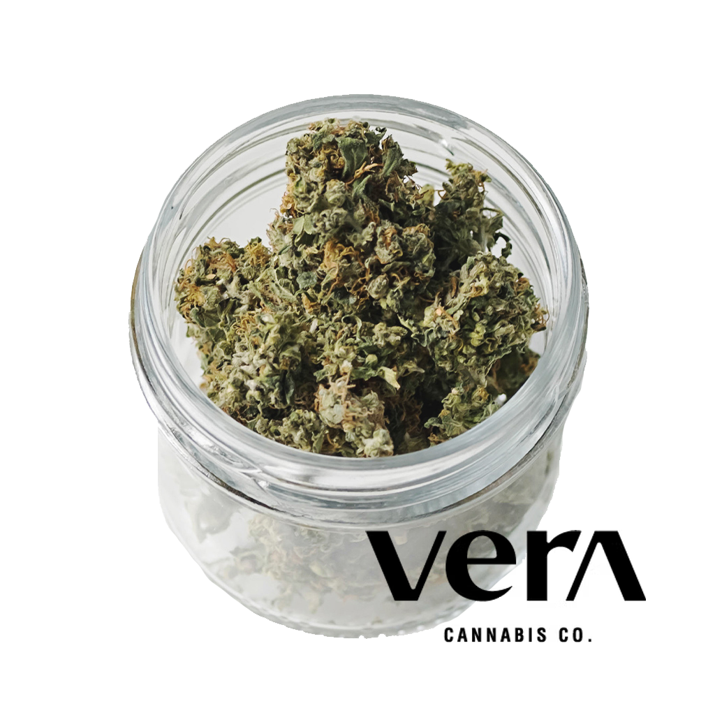 Vera logo in front of jar of flower