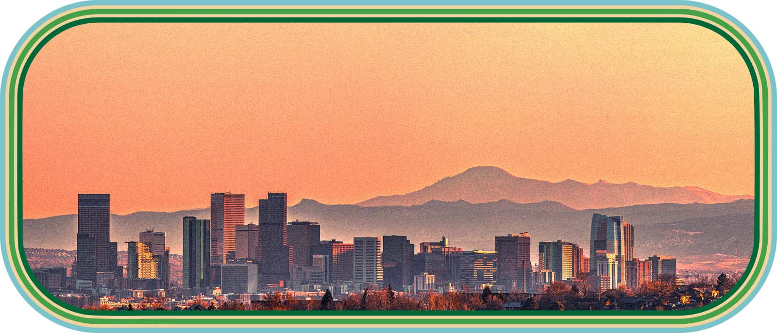 Denver City Skyline with Mountains in Background and Trees in Foreground at Sunset with LivWell Branded Retro Border