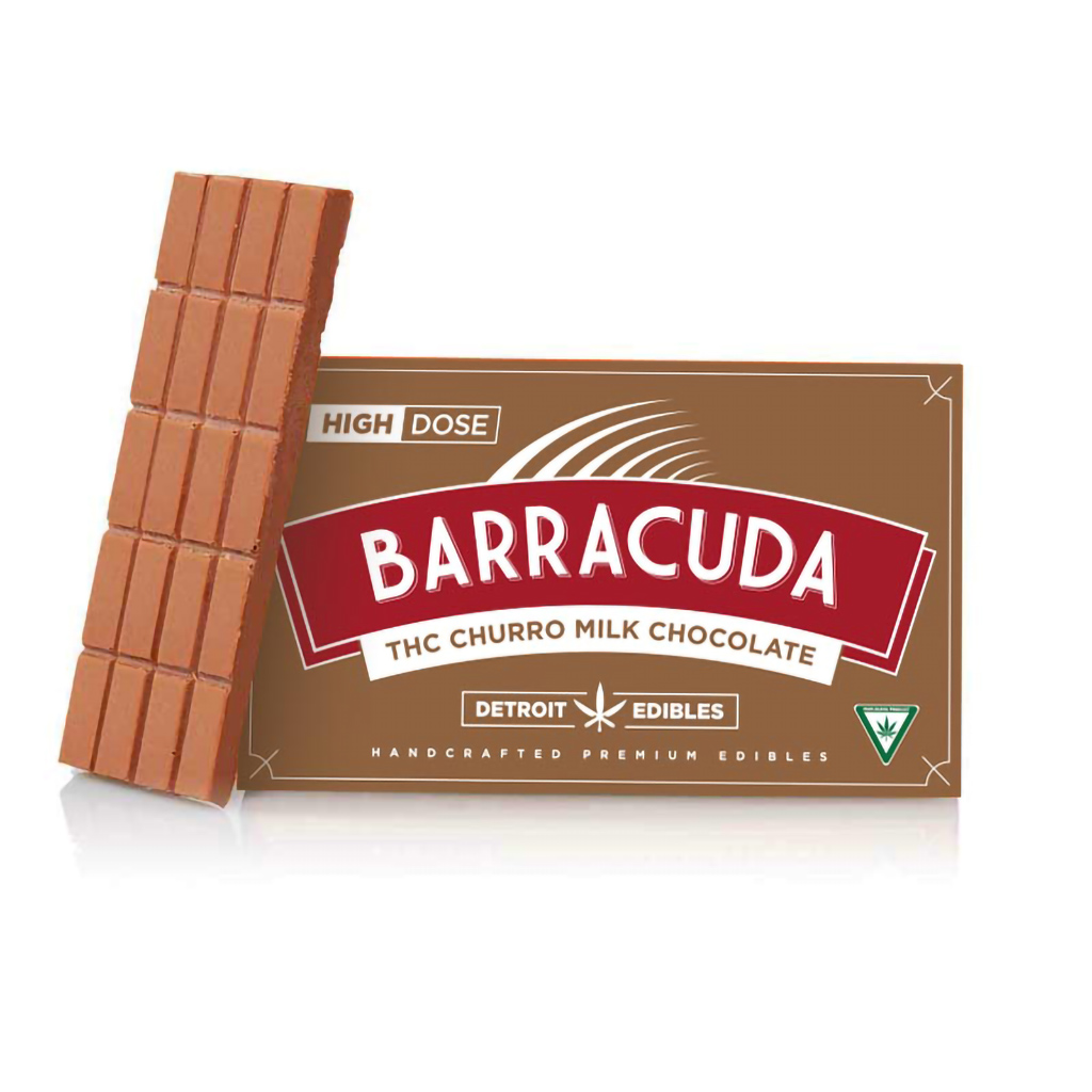 Detroit Edibles Barracuda Bar Churro 200mg Chocolate Cannabis Edible Product and Packaging