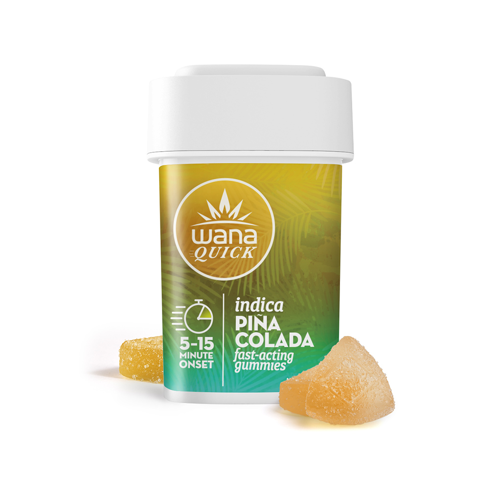 Wana Quick Pina Colada Indica Gummies 200mg Product and Packaging