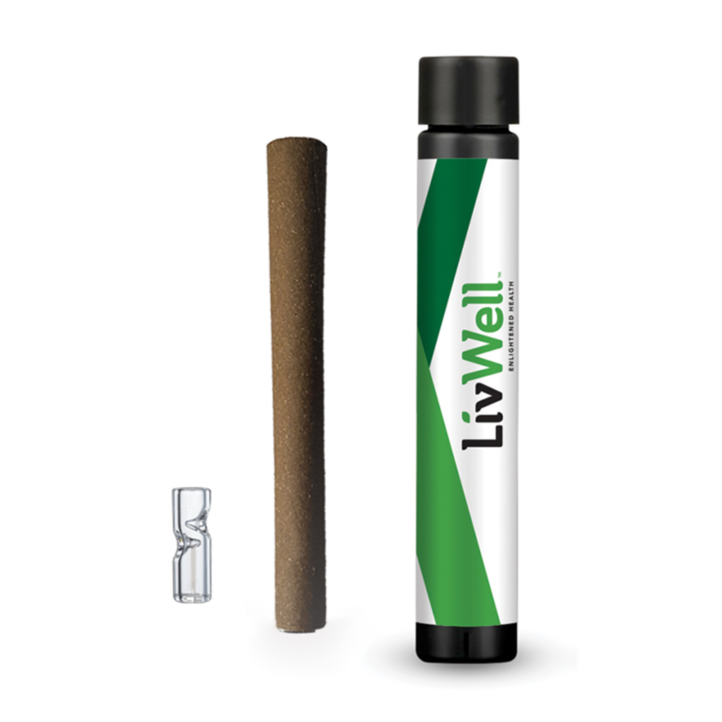 LivWell Cannabis Blunt Product and Packaging and Glass Tip