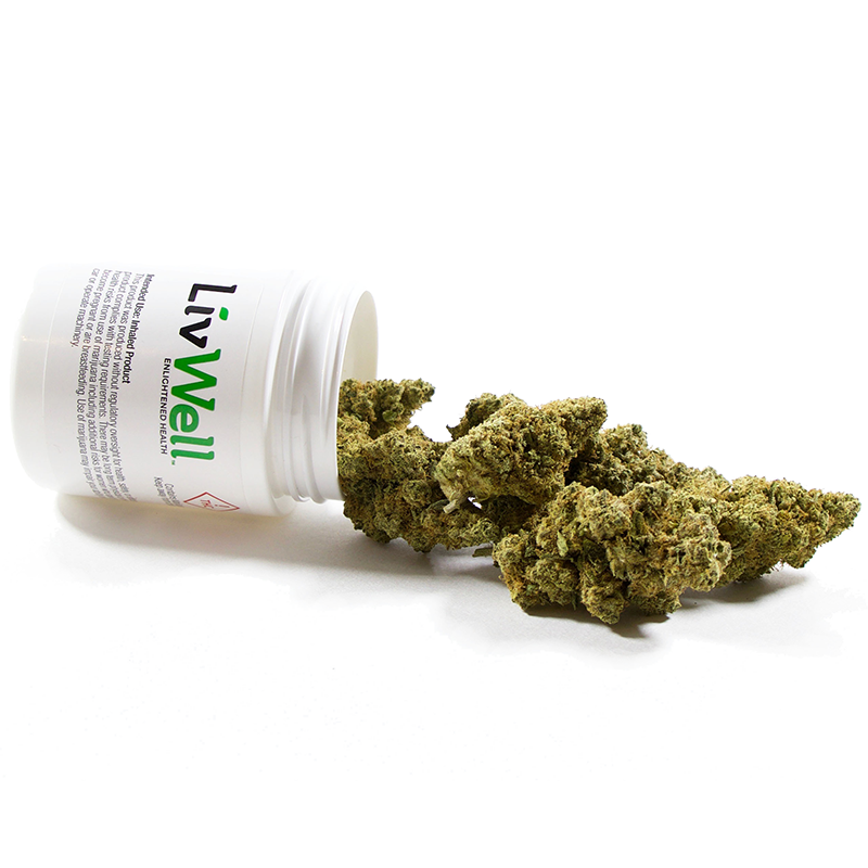 LivWell Pre-Weighed Flower Cannabis pouring out of packaging jar