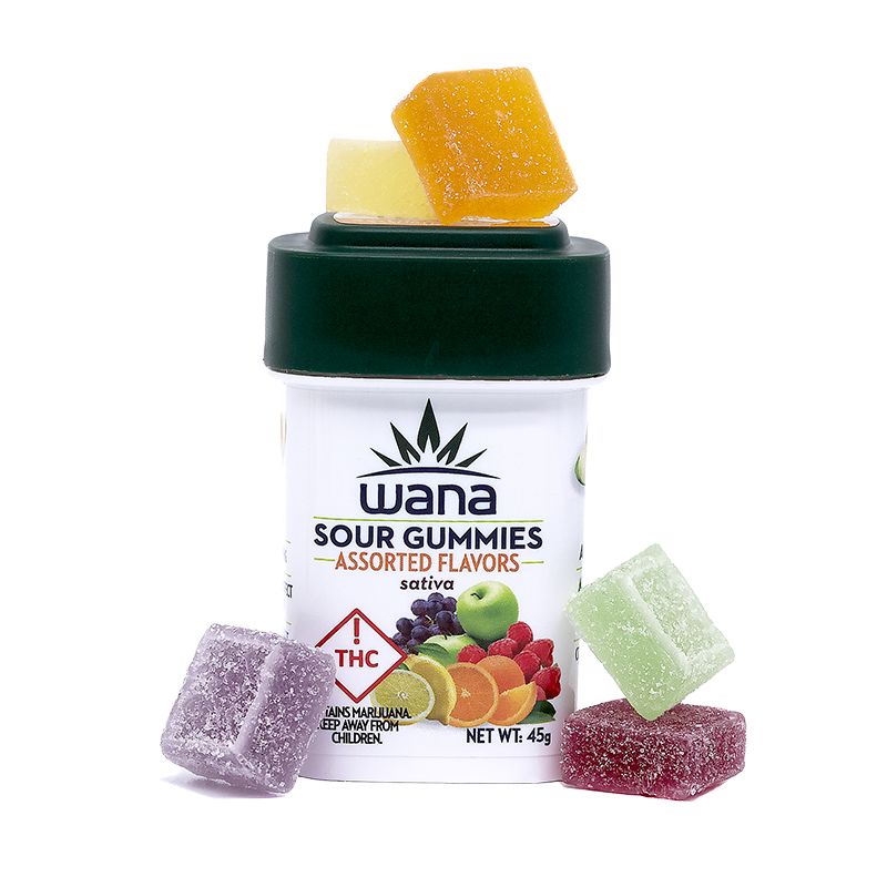 Wana Cannabis Gummies Assorted Sour Sativa Product and Packaging